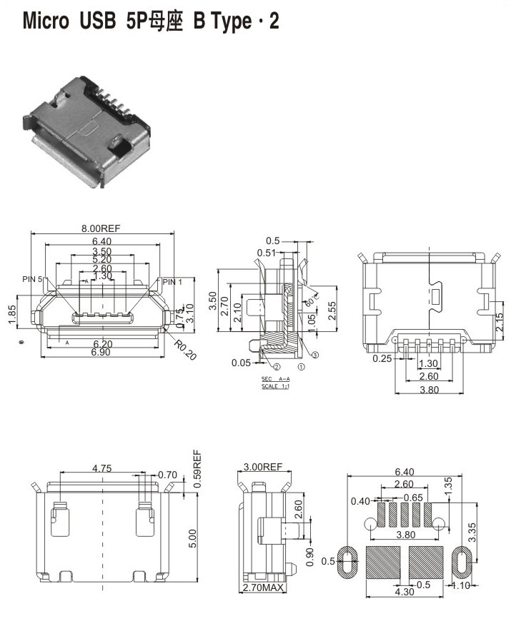Micro USB 5P母座 B Type .2-beat365
